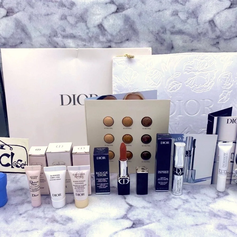 Dior Beauty Set-White Pouch,Foundation,Mascara,Lipstick,Primer-8pc-BOXED-NEW